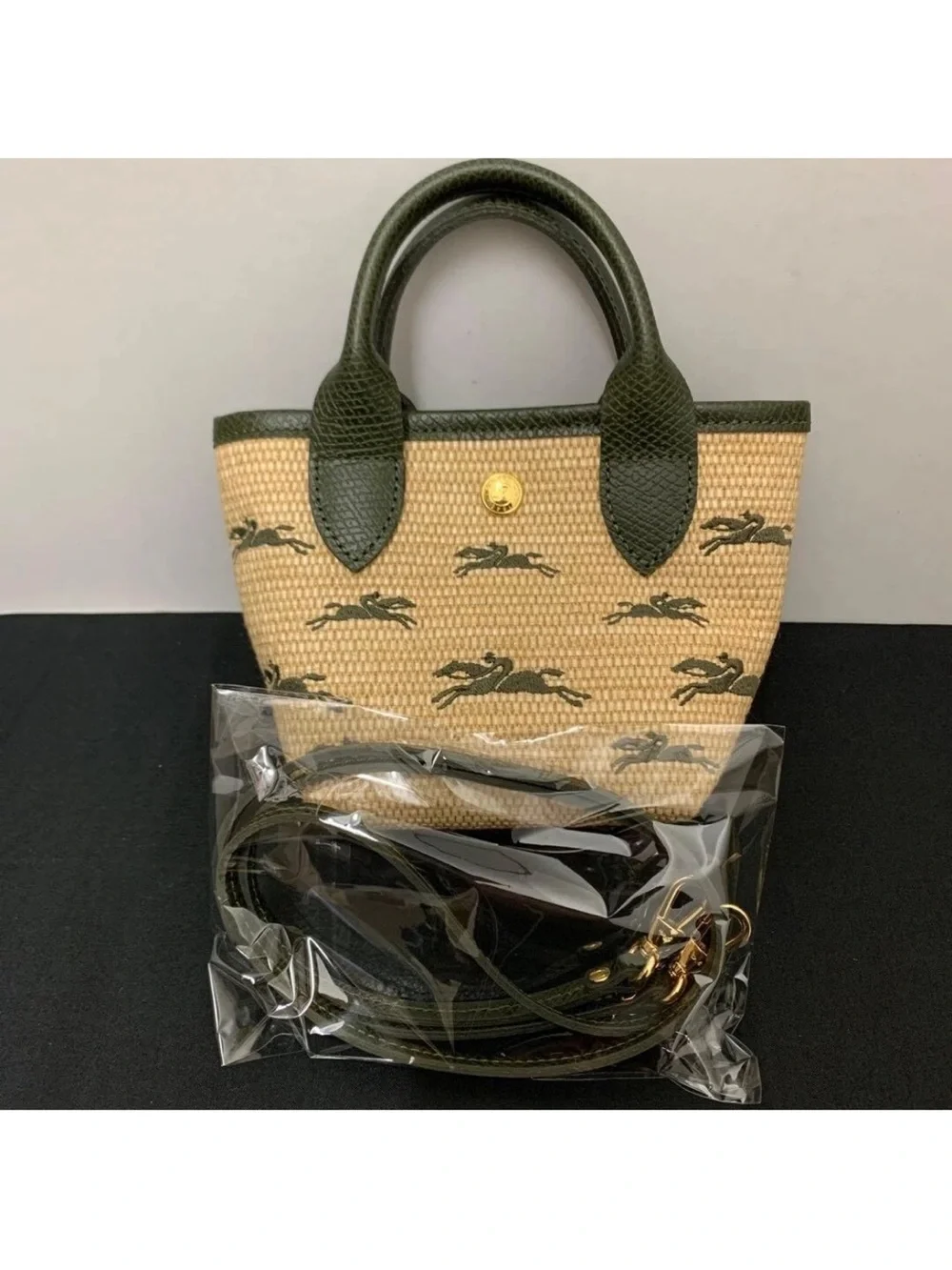 Longchamp Le Panier Green Trim Woven Mini Tote Leaping Horse Motif basket bag